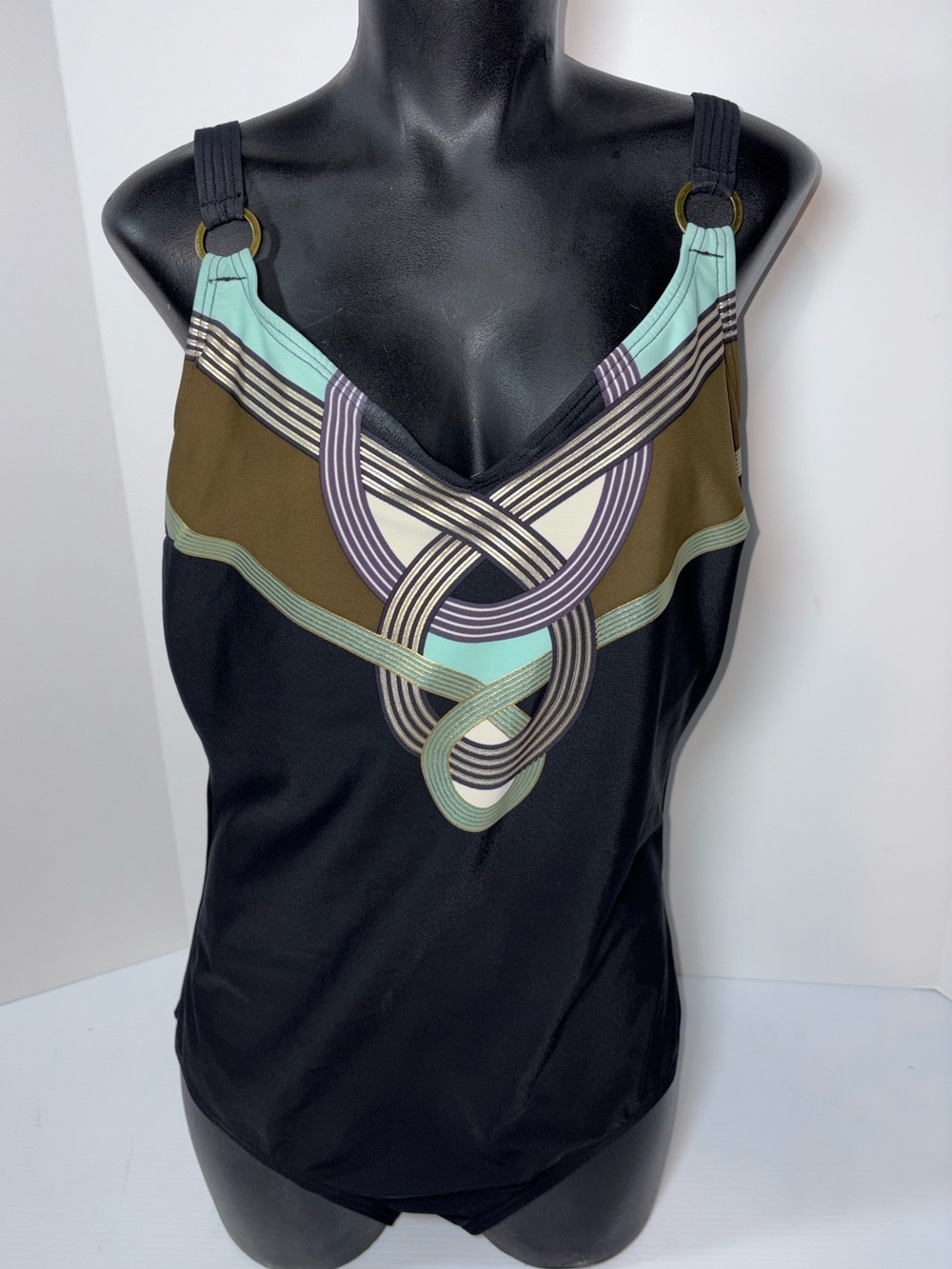 Fantasizer Black One-Piece Swimsuit with Aqua & Olive Graphic Neckline
